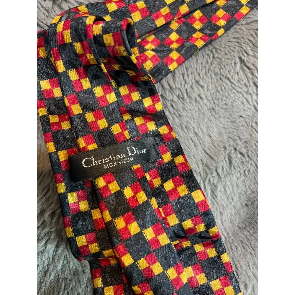 Vintage Christian Dior Monsieur Mens Geometric Checkerboard Tie Multi Color